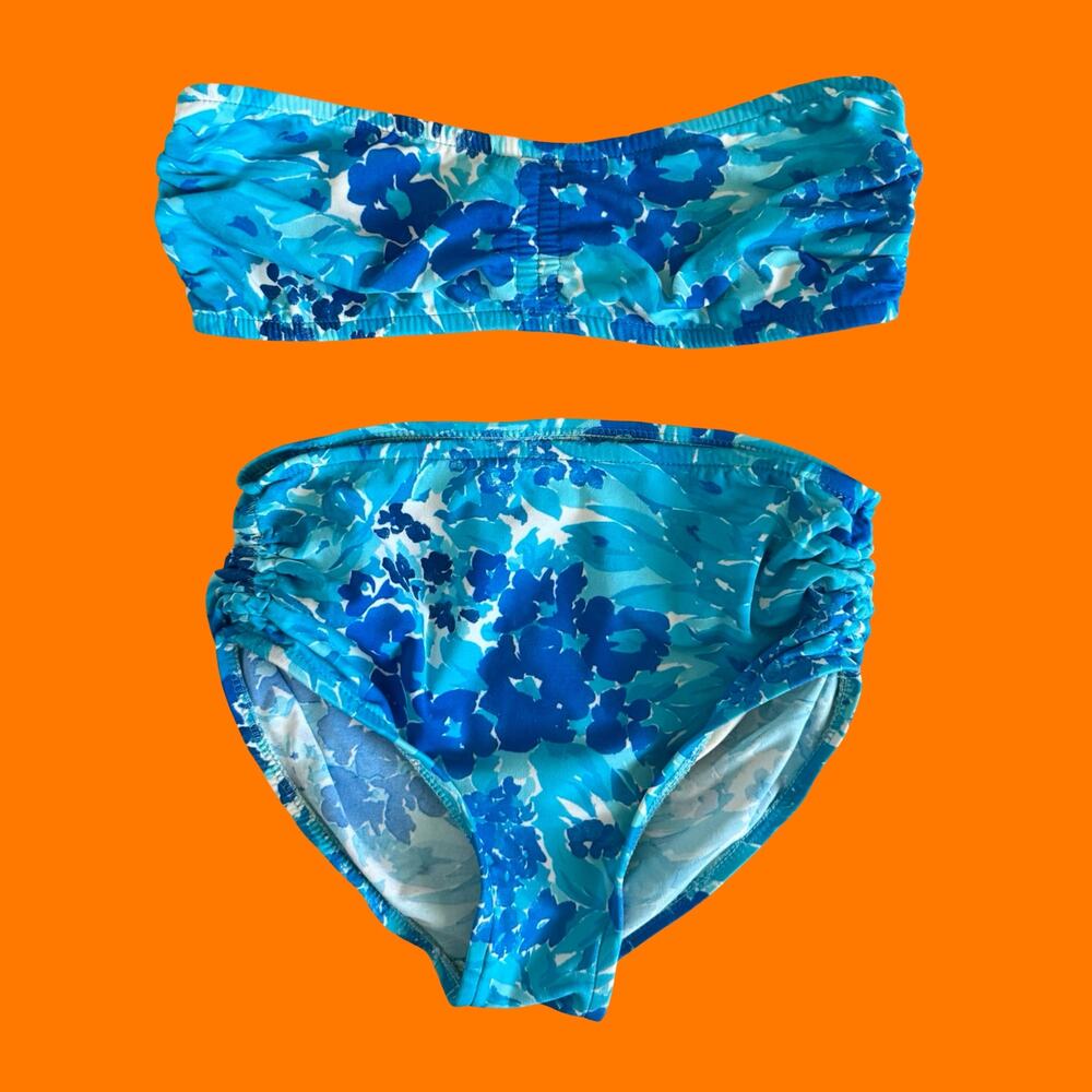 70's 80's vintage blue floral high waisted bandeau bikini Size 10 ceeb